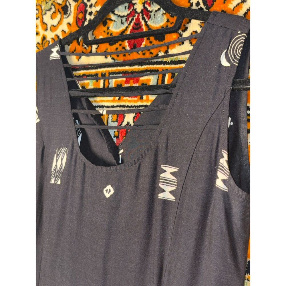 VTG Black White Folk Art Print Button Front Midi Dress w/Strappy Back sz 8 - Picture 8 of 10
